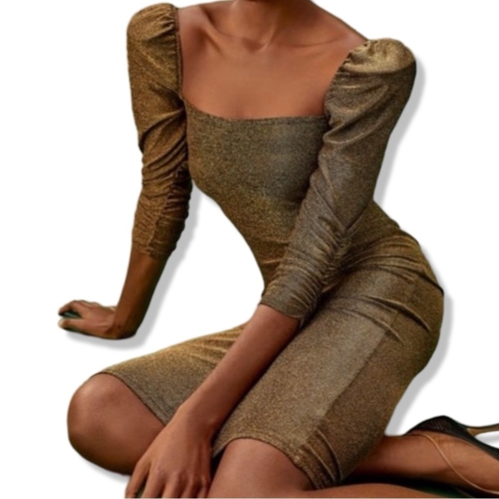 Reformation Rahm Ruched Puff Sleeve Midi Dress in Bronze Sparkle | Size XS - Picture 4 of 16